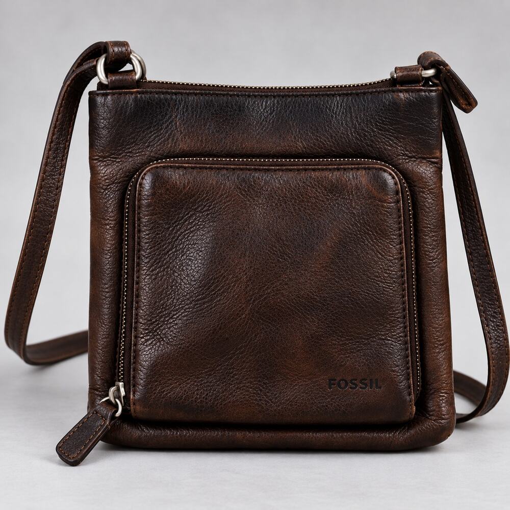 Fossil Brown Pebbled Leather Crossbody Bag Front Pocket Silver Tone Hardware